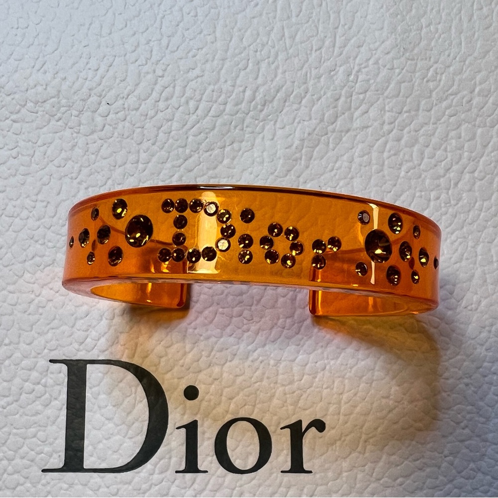 Christian Dior Orange Transparent Crystal Logo Lucite Cuff Bracelet size 7